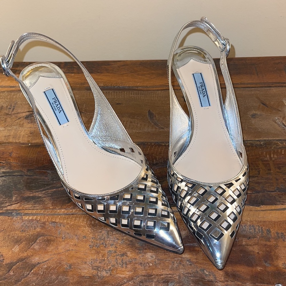 Silver Prada Lattice Pumps, size 38.5 /8.5